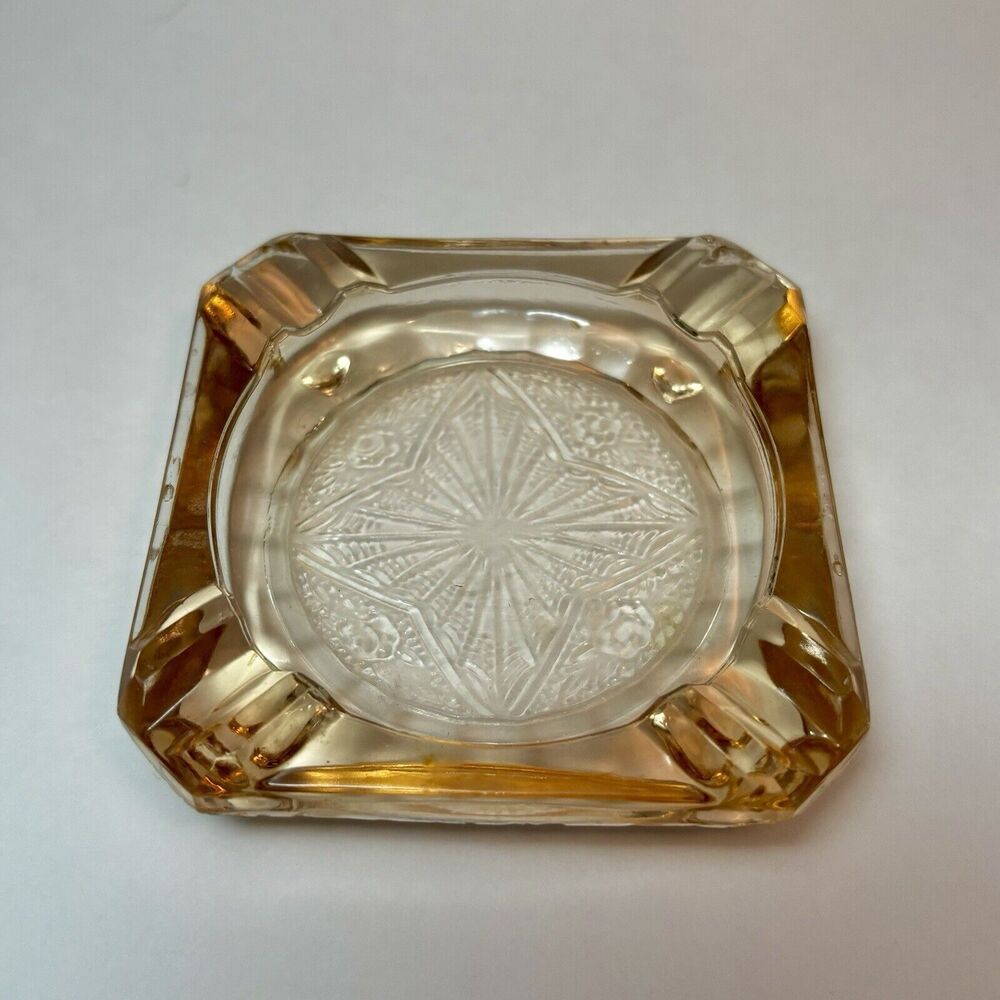 Vintage Amber Depression Adam Glass Starburst Design Ashtray Jeannette Art Deco